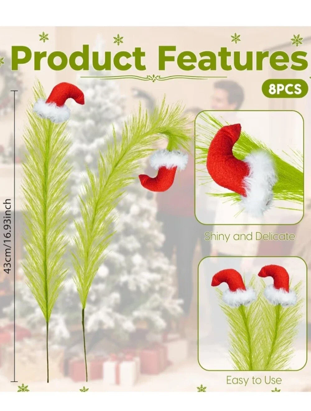 Grinch Inspired Green Feather Picks with Red Santa Hats:  8 Pieces. NWT.